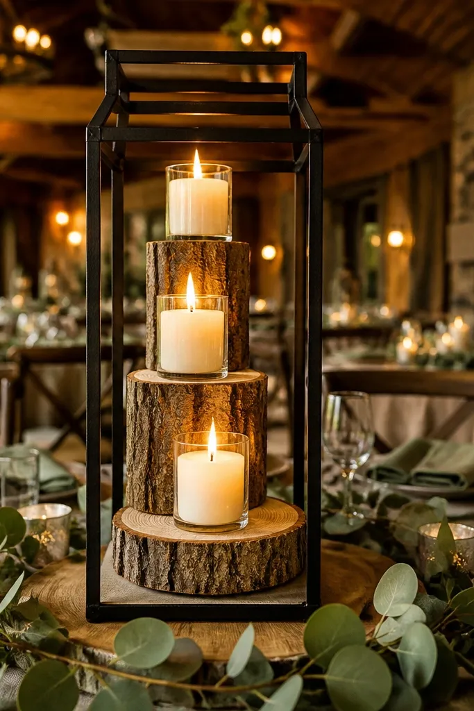 Lantern with three candles on stacked wood slices and sage sprigs