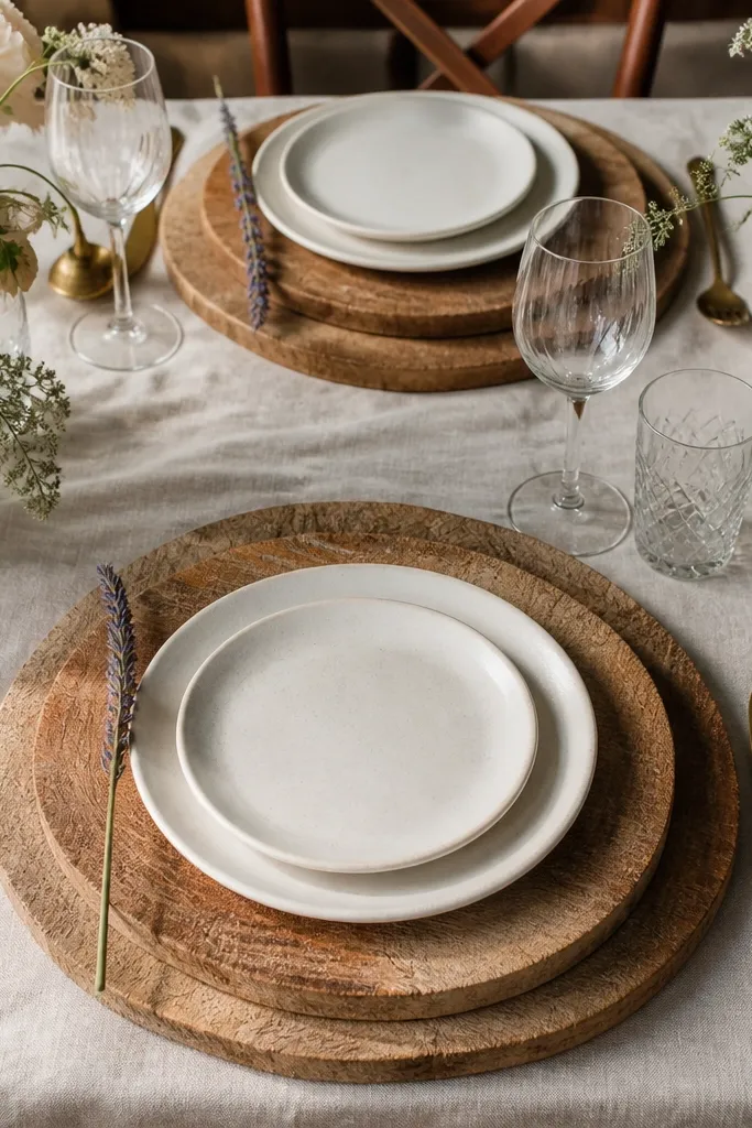 Wood charger plates with a single dried lavender sprig on each setting