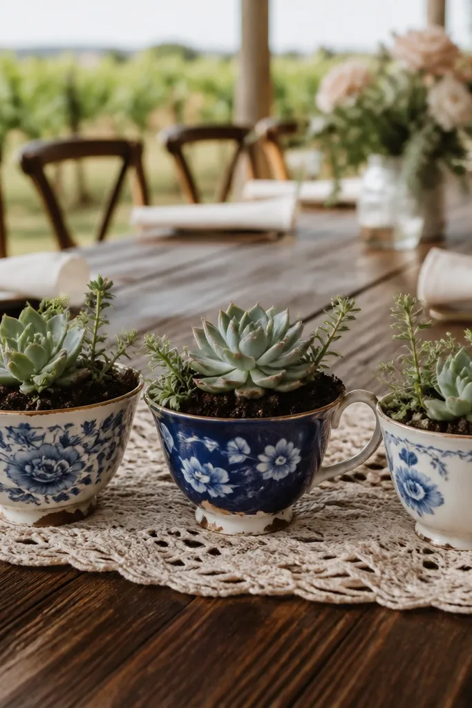 Vintage teacups with mini succulents and a small burlap strip beneath