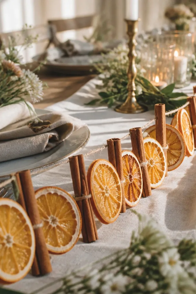 Dried orange slice garland with cinnamon sticks on a neutral table runner