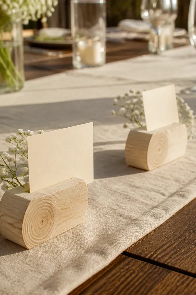 Mini wood blocks holding place cards with a small sprig and twine
