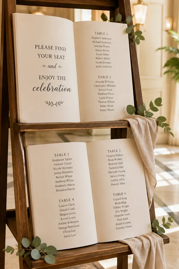 Open-book seating chart on a small ladder shelf with table cards in pages.