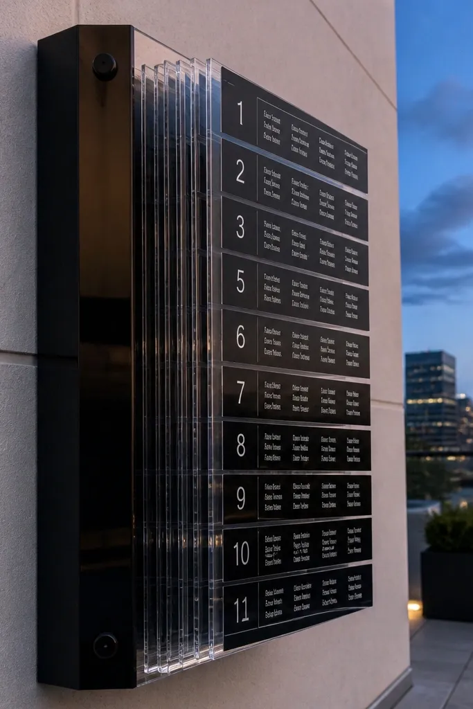 Black acrylic book spine with labeled tabs for table numbers and names.