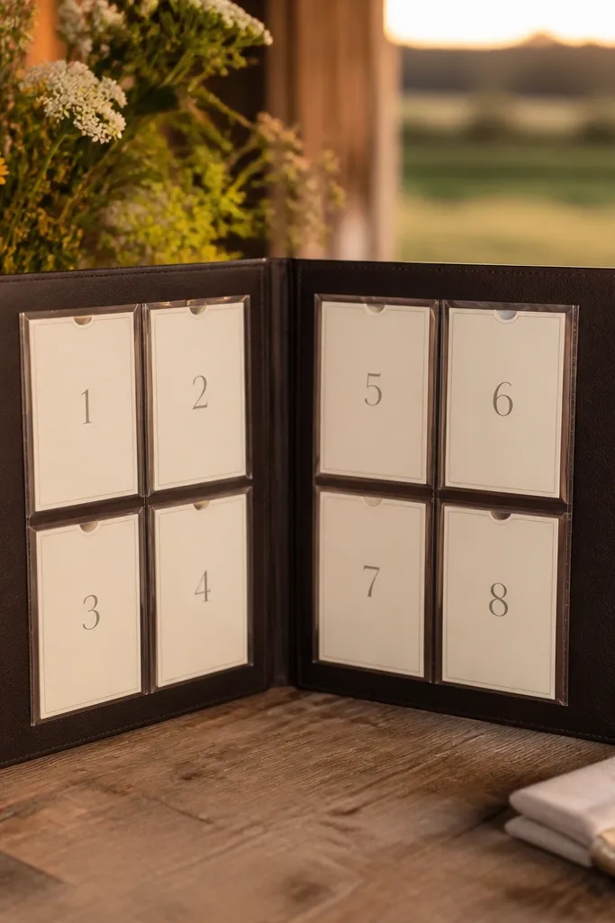 Leatherette-style book with pocket pages holding table cards and names.