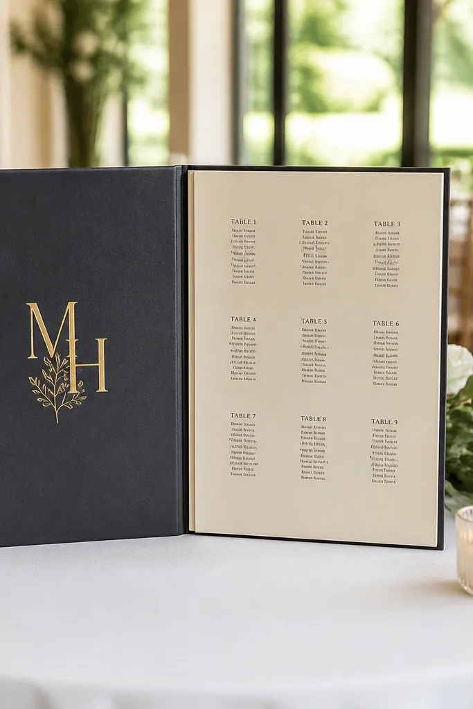 Monogrammed book cover seating chart with inserts for table numbers and names.