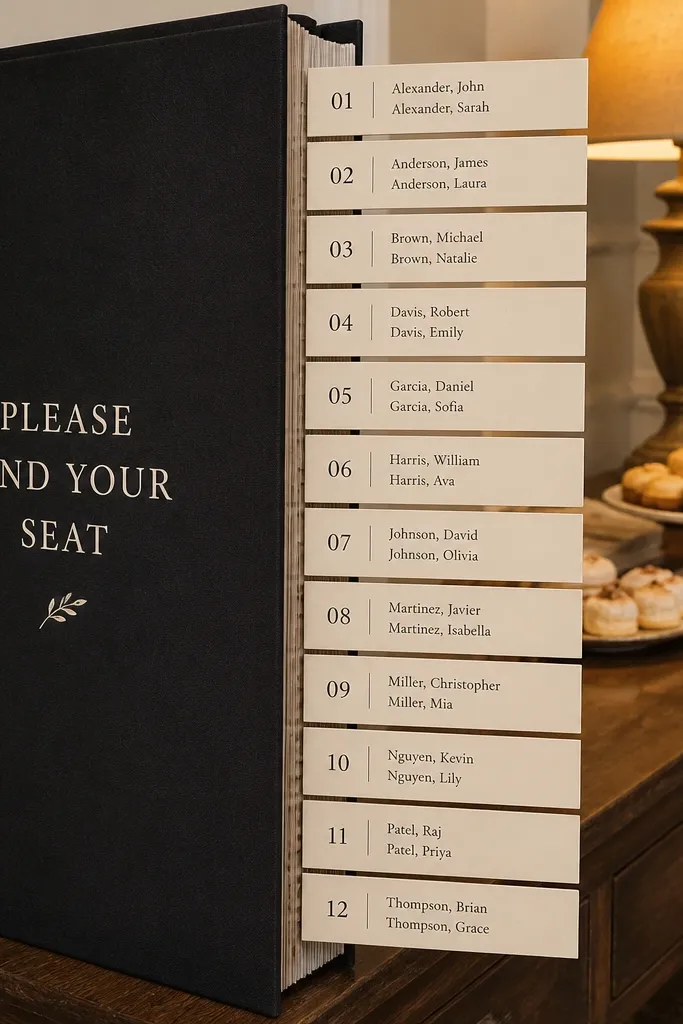 Hardback book style seating chart with side-loading strips for each table.