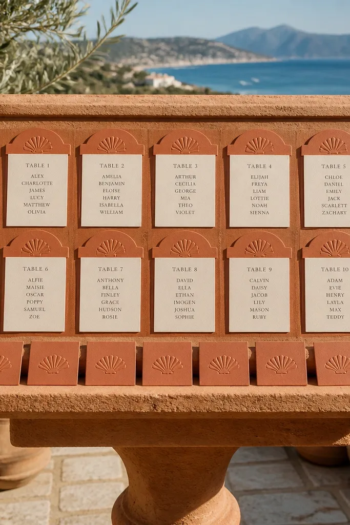 Terracotta-themed book stand seating chart with warm cards for table numbers and names.