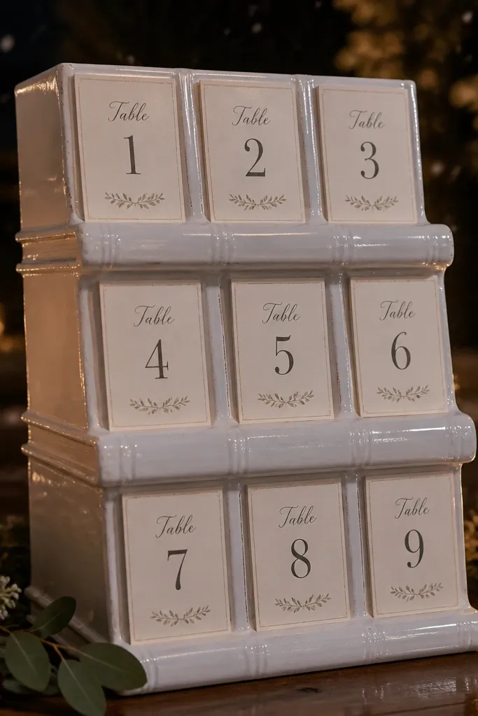 White ceramic plinth holding a book-like seating chart with chalk-style labels.