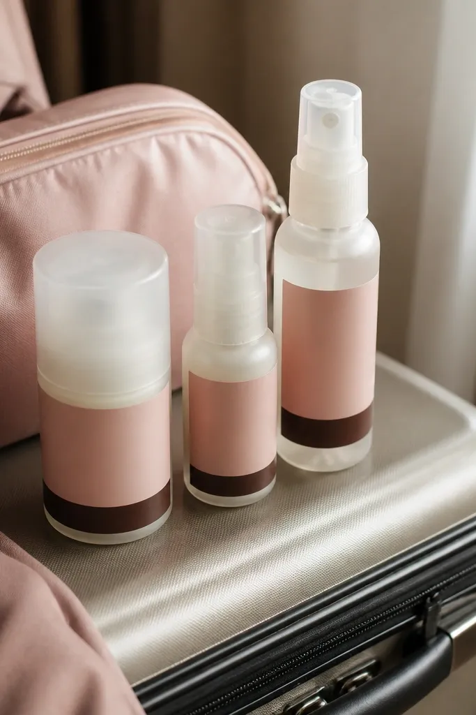 Travel skincare bottles and a face mist arranged on a linen cloth with navy ribbon