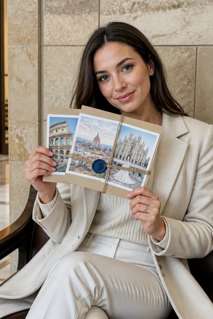 Four postcards with city skyline photos in a neat stack tied with navy twine