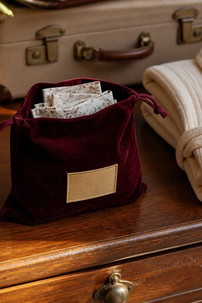 Velvet pouch with a folded sachet peeking out, tied with cream ribbon