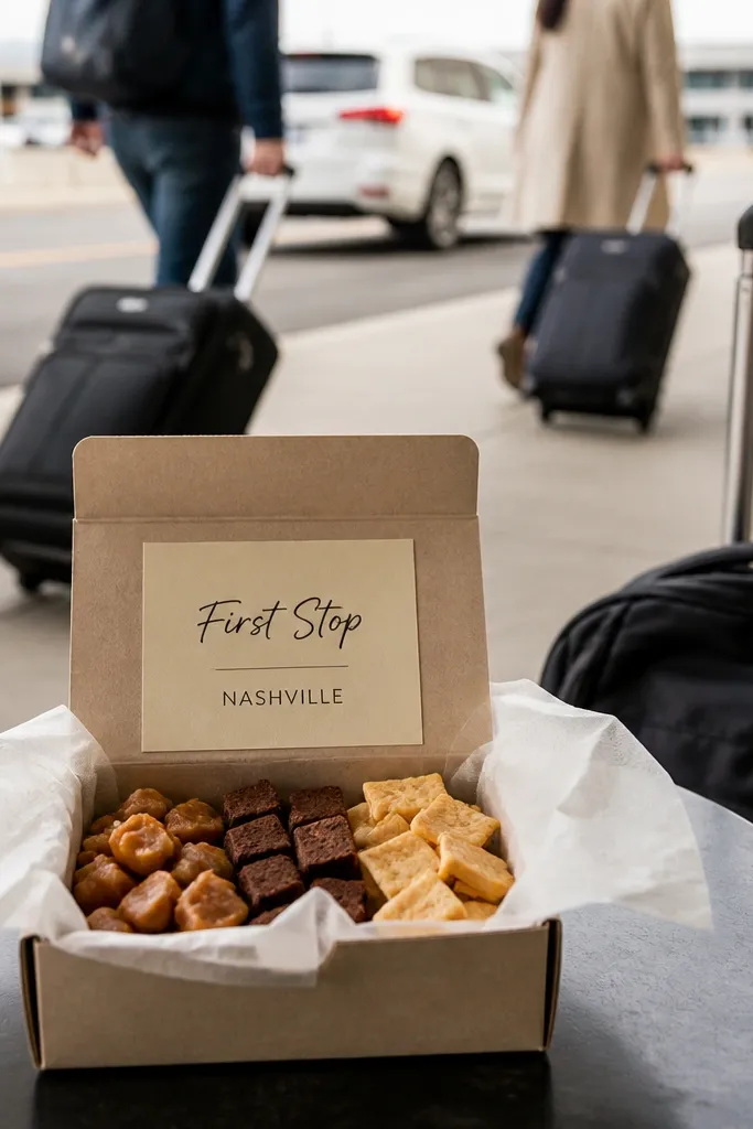 Small gift box of snacks with a label that says first stop