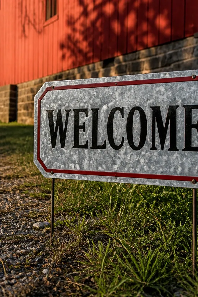 Galvanized metal welcome sign with barn red border and black letters