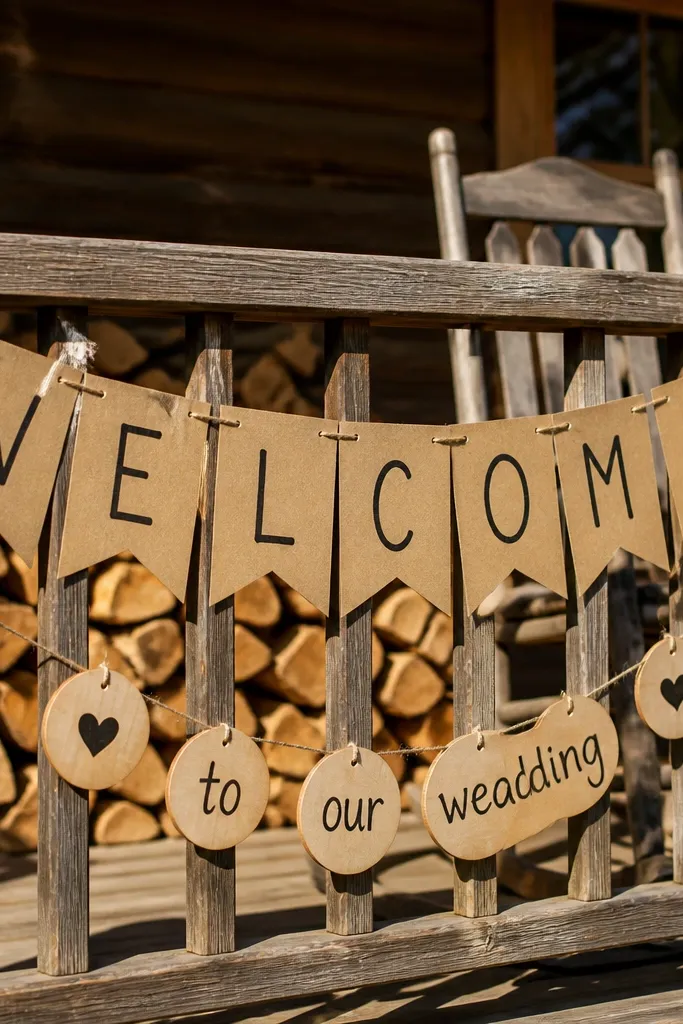 Kraft paper banner reading welcome on twine with small wooden tags