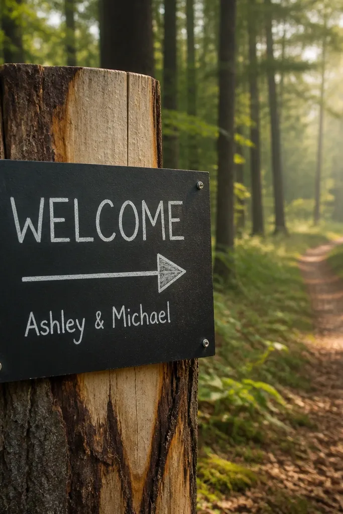Small chalkboard welcome sign mounted on a cut tree stump