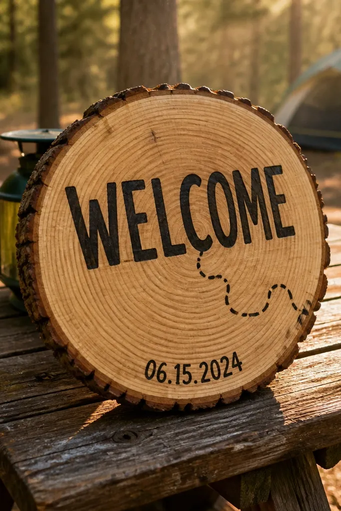 Round wood slice welcome sign with painted route lines and small date text