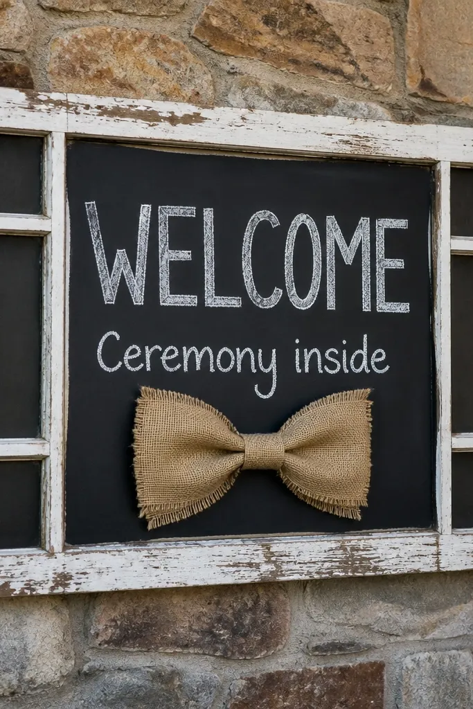 Chalkboard welcome sign inside a rustic window frame with a burlap bow