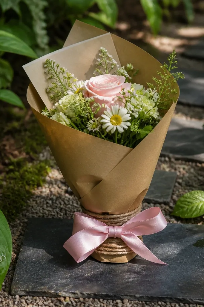 Small bouquet wrapped in kraft paper with a yes card tied on.
