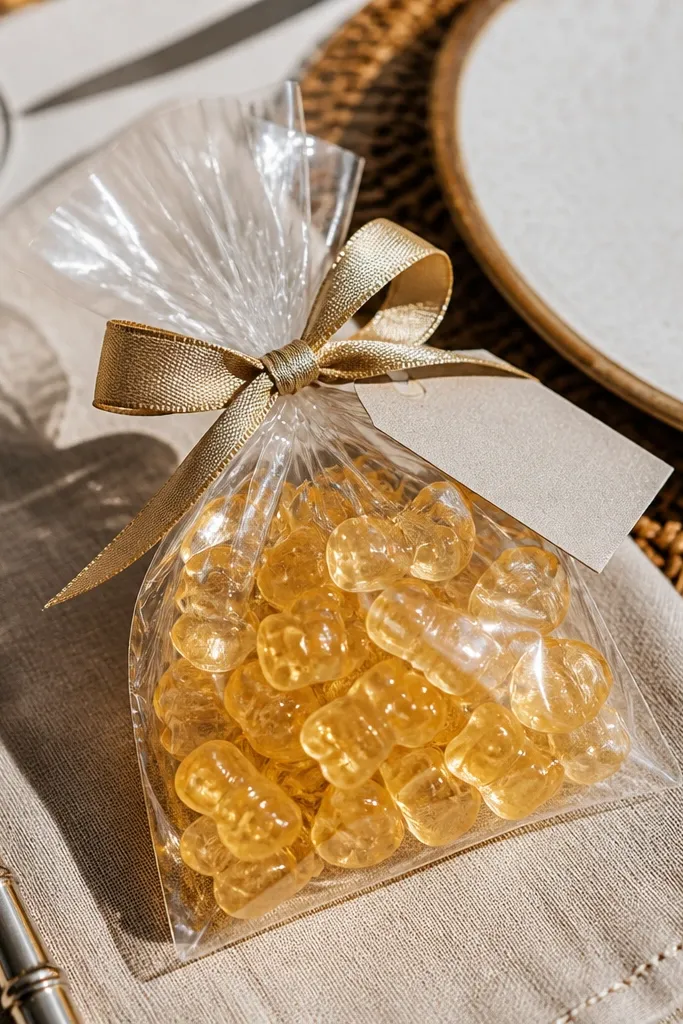 Clear bag with champagne gummy pack, gold ribbon, and a yes card.