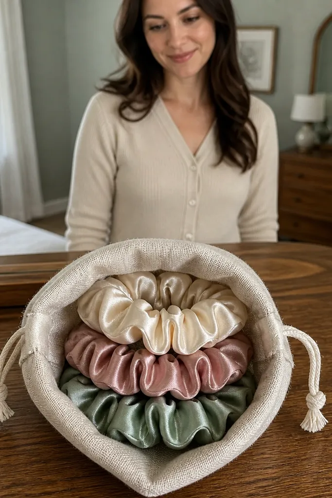Linen pouch with satin scrunchies and a handwritten yes card peeking out.