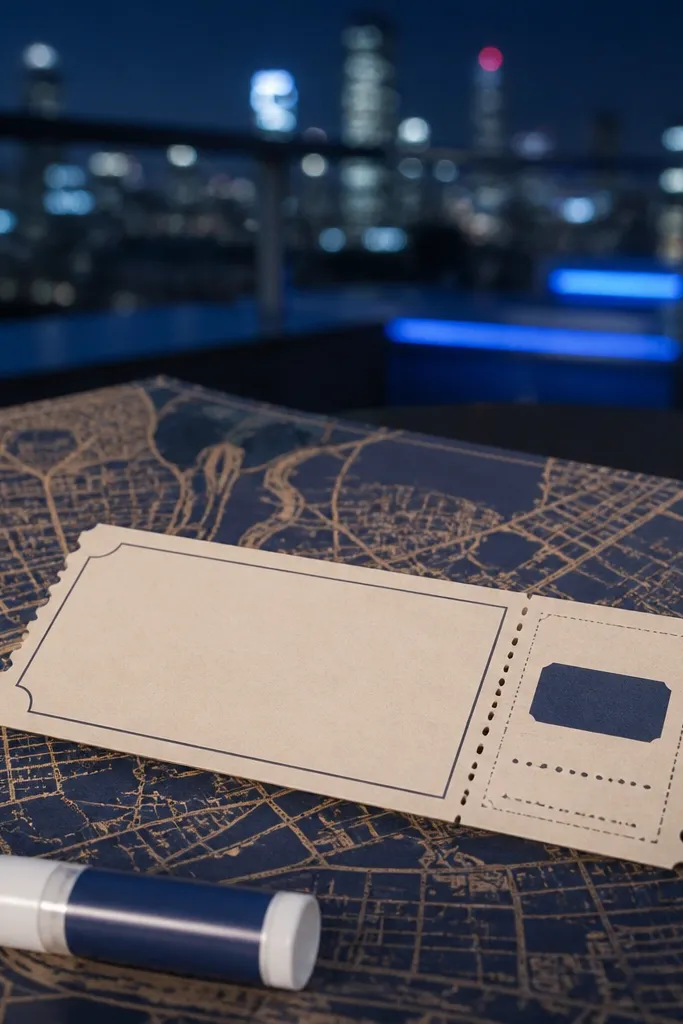 City map card with a ticket-style yes message and ribbon on top.