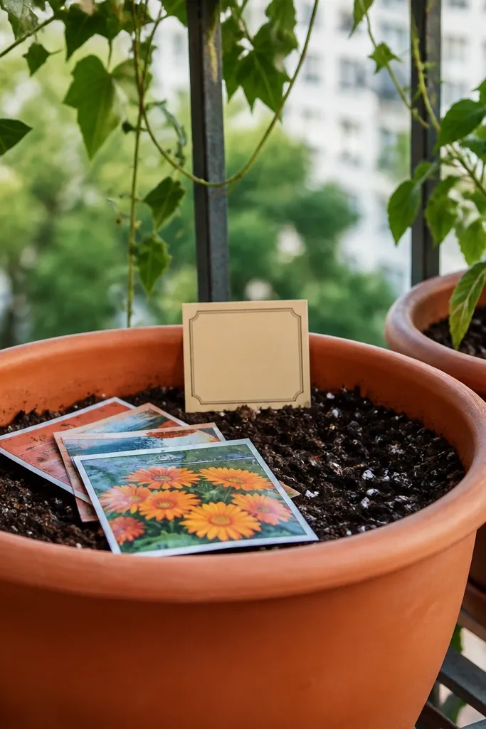 Small terracotta pot with seeds and a label reading yes.