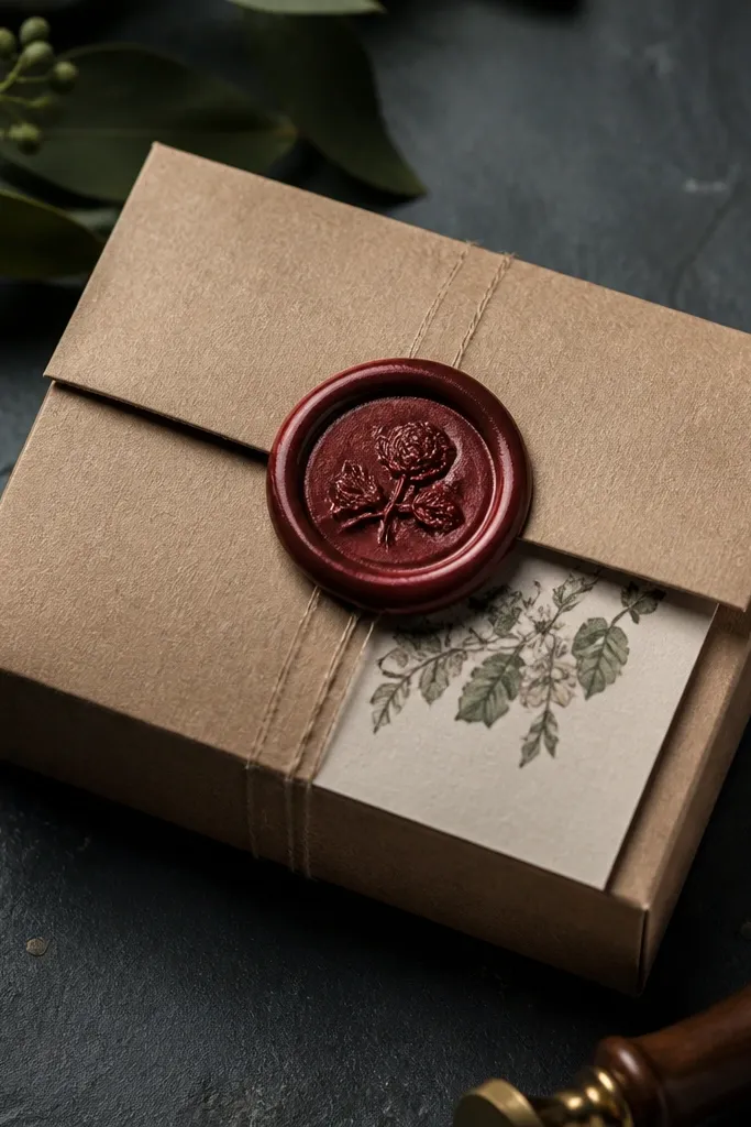 Kraft box with a wax-sealed yes card on top and ribbon tie.