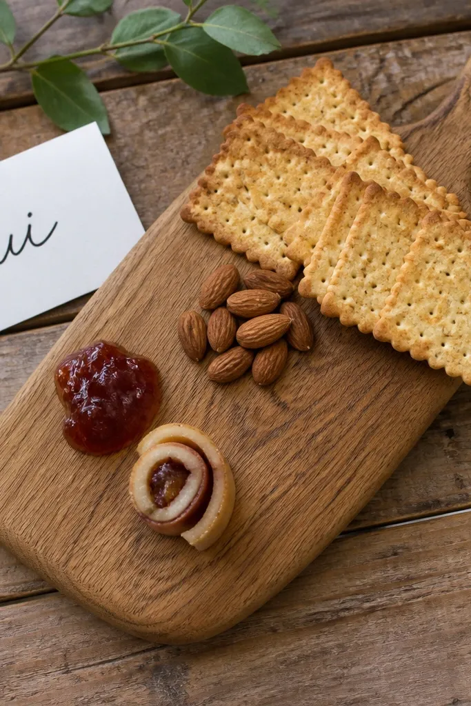 Small snack board with crackers, jam, and a yes card label.