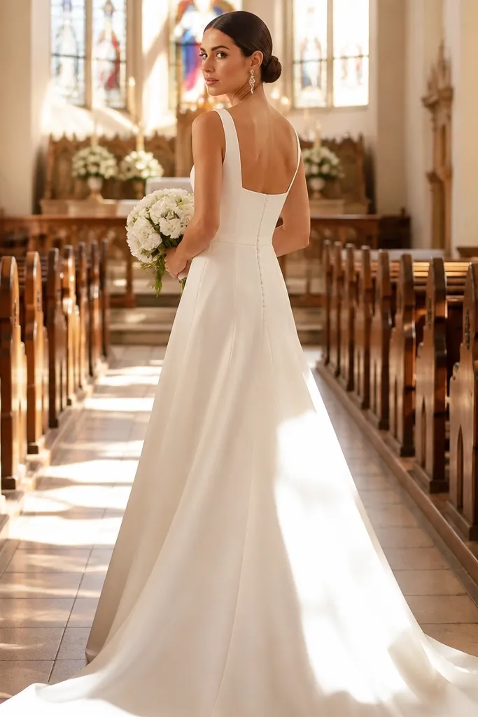 Ivory square-neck crepe dress with an A-line skirt and a low back seam