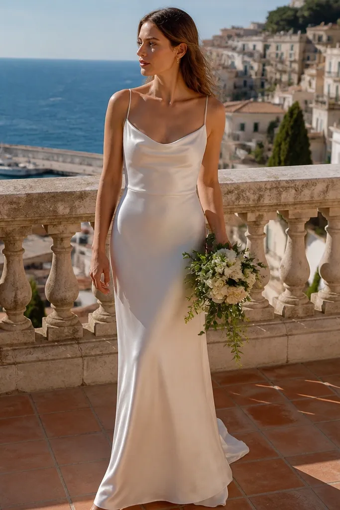 Cream satin slip dress with thin straps and a straight skirt