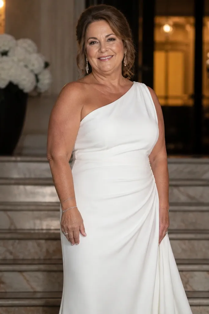 Ivory one-shoulder crepe dress with a draped skirt