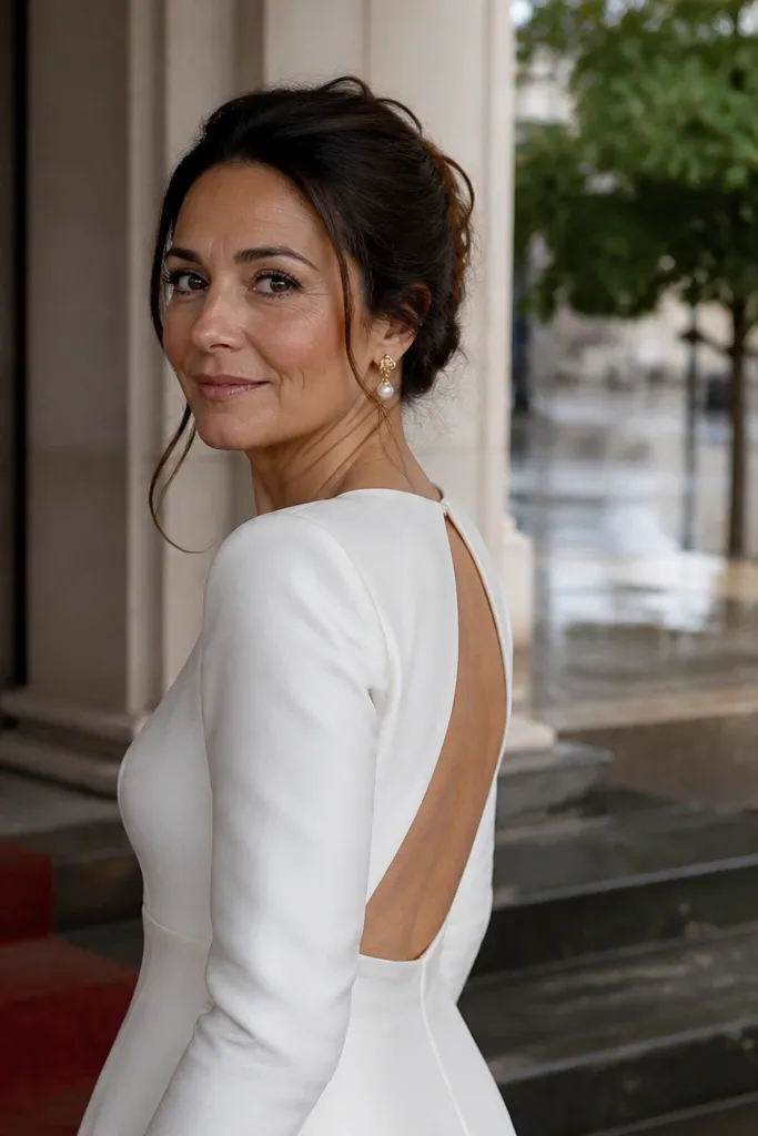 Ivory bateau-neck mikado dress with a clean back cutout