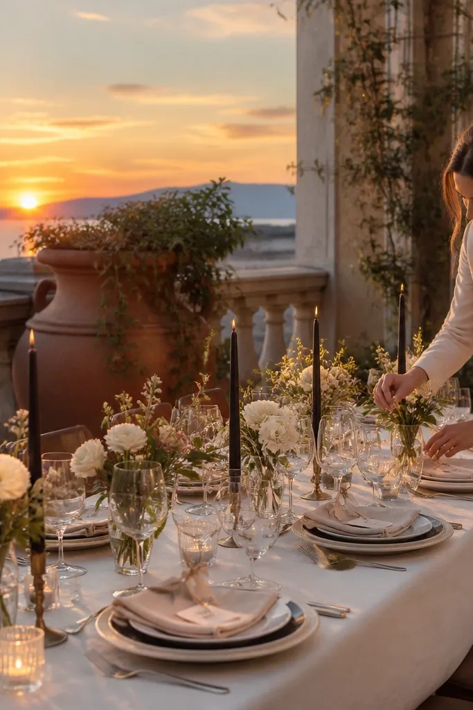 Terrace table at sunset with mini bouquets and escort cards tied with ribbon