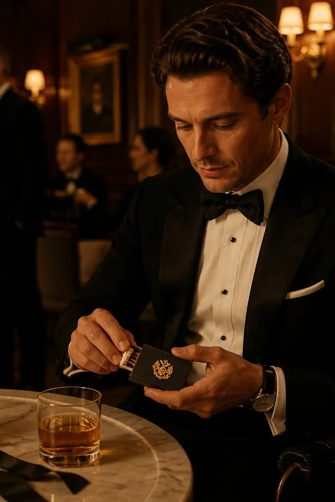 Dark hotel bar with candlelight and a matchbox with a custom crest note