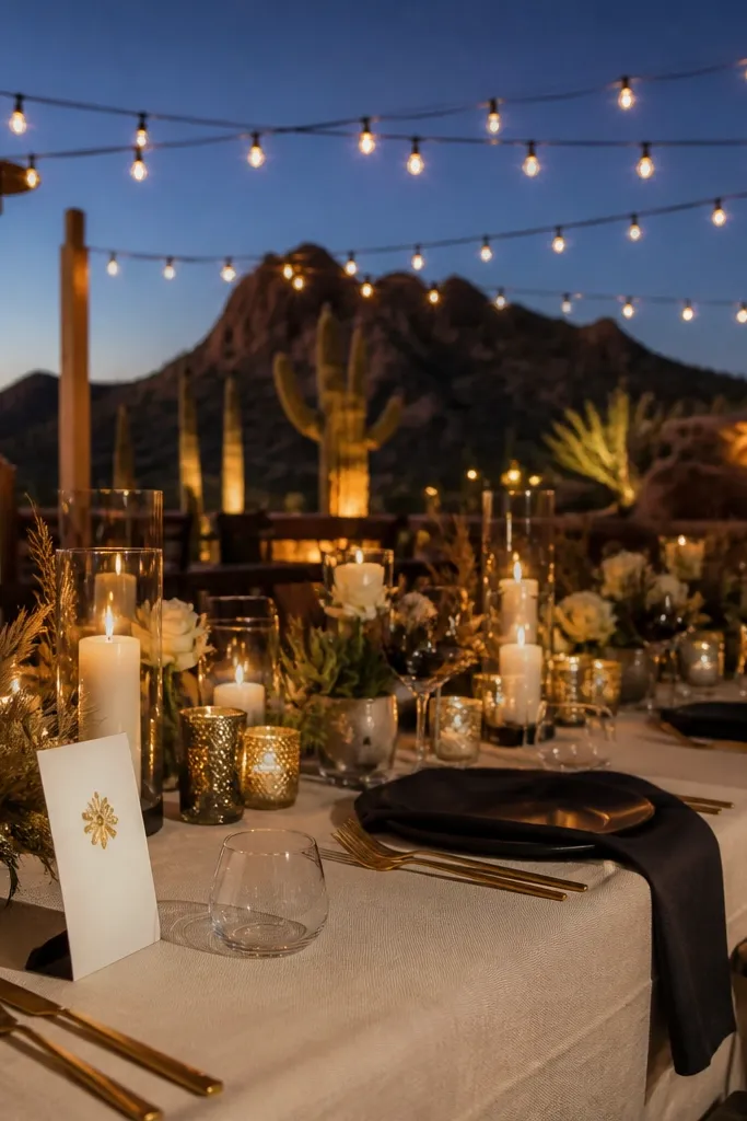 Desert table at night with string lights and gold foil name cards