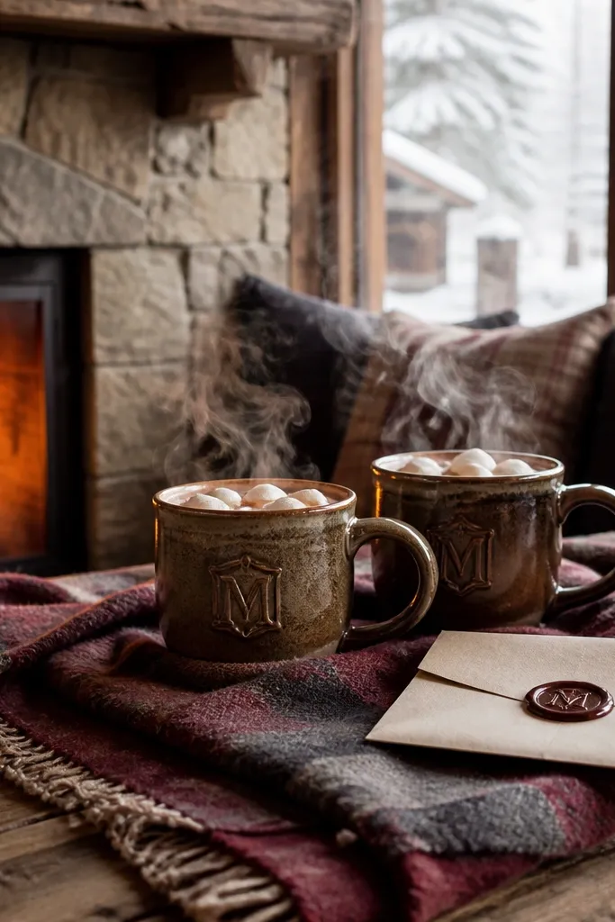 Cozy cabin table with monogram mug cocoa and wax seal note