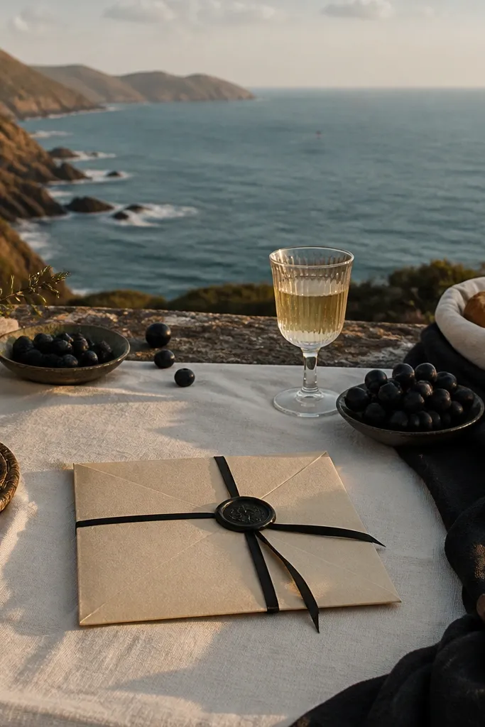 Cliffside picnic with black and cream linens and wax sealed letter envelopes