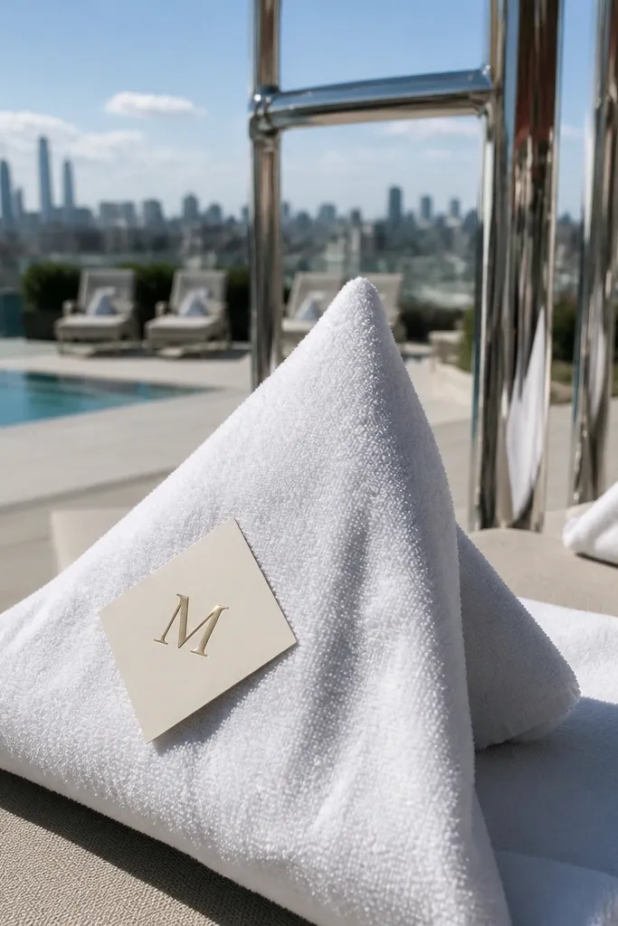 Poolside lounge with folded towel and initial tag tied to a small gift