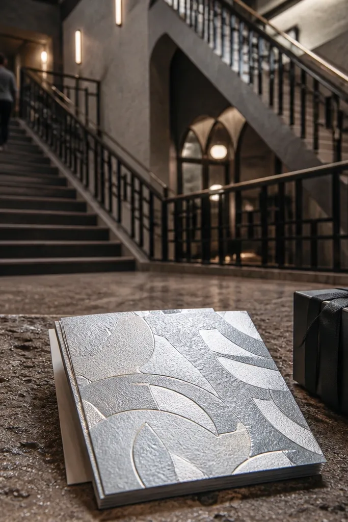 Modern hotel staircase with foil letterpress notes and ribbon-wrapped gift