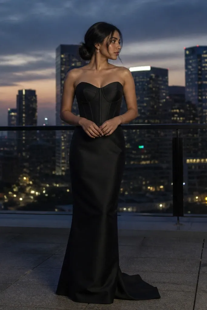 Black corset bodice with boning and a straight, floor-length skirt