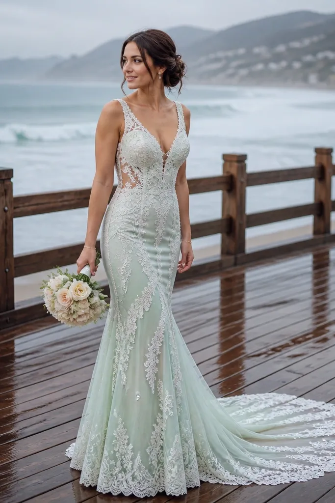 Seafoam dress with lace panels and a mermaid silhouette with scalloped hem
