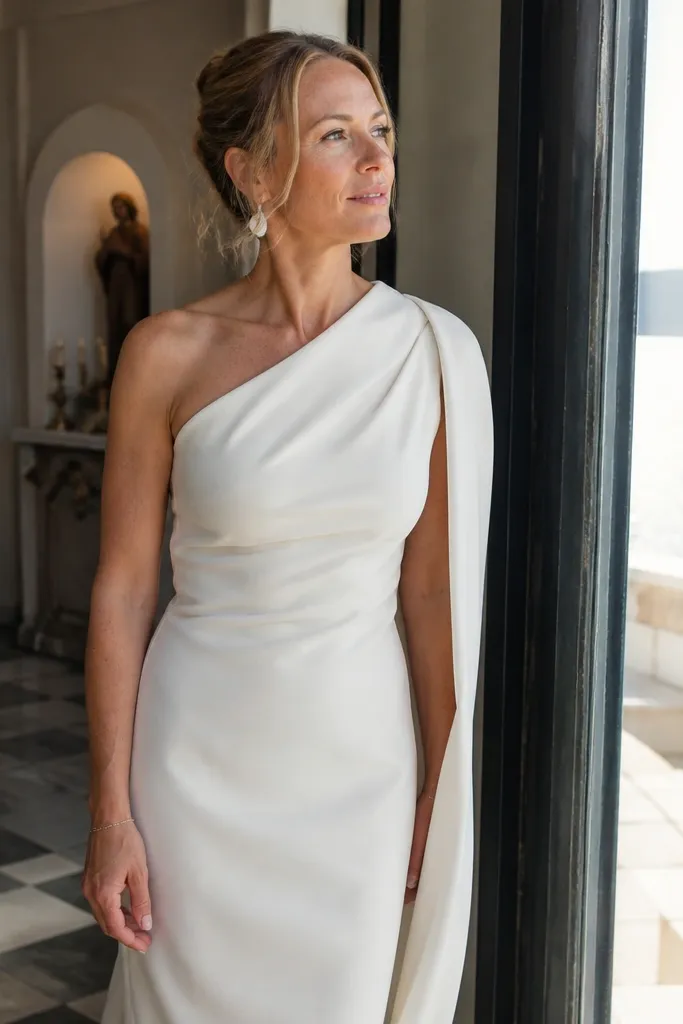 Chalk white crepe column dress with one shoulder drape and asymmetry