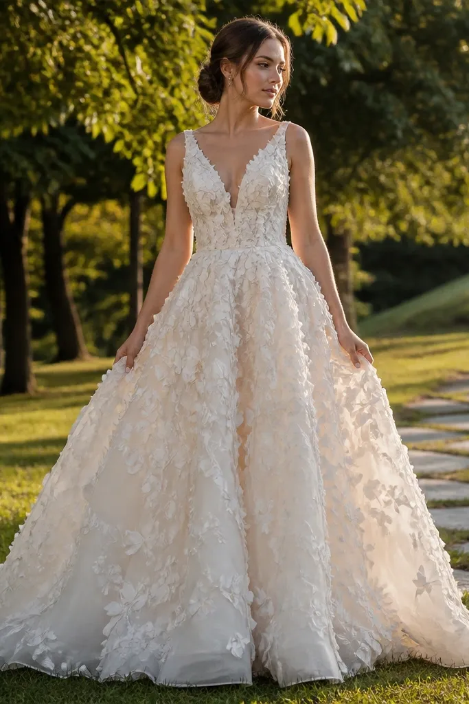 Ivory organza ballgown with three-dimensional petal details