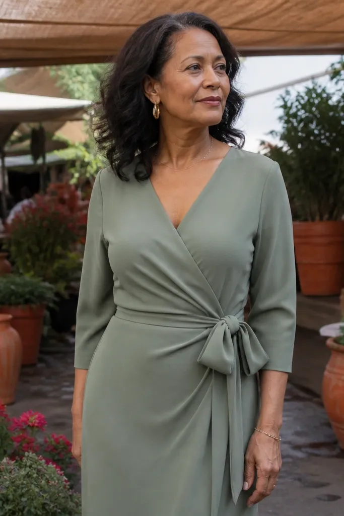 Sage green wrap wedding dress with a bow placed off-center