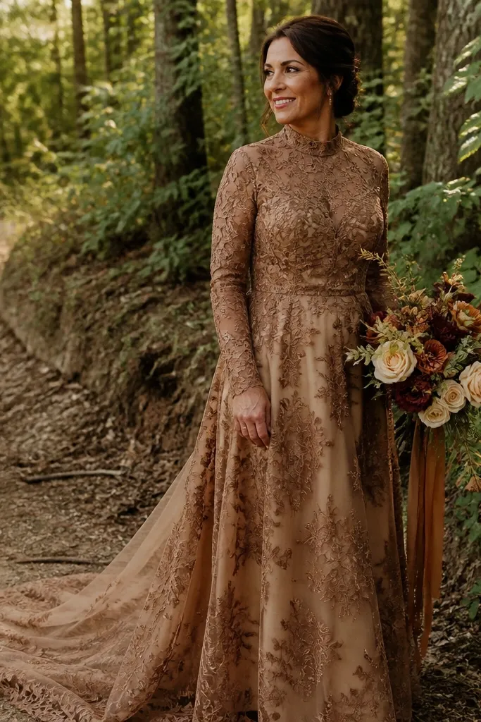 Tawny brown lace wedding dress with long sleeves and a mock neck