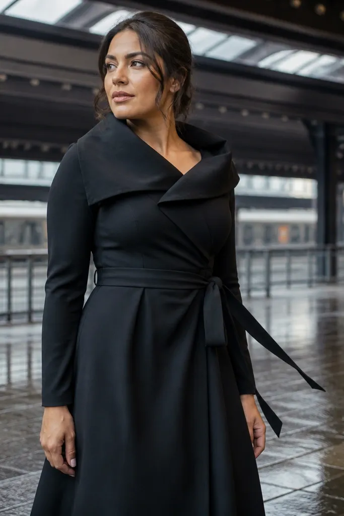 Black crepe gown with a sculpted collar and a side-tie belt