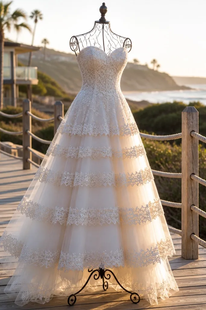 Ivory embroidered tulle dress with horizontal banded patterns across the skirt