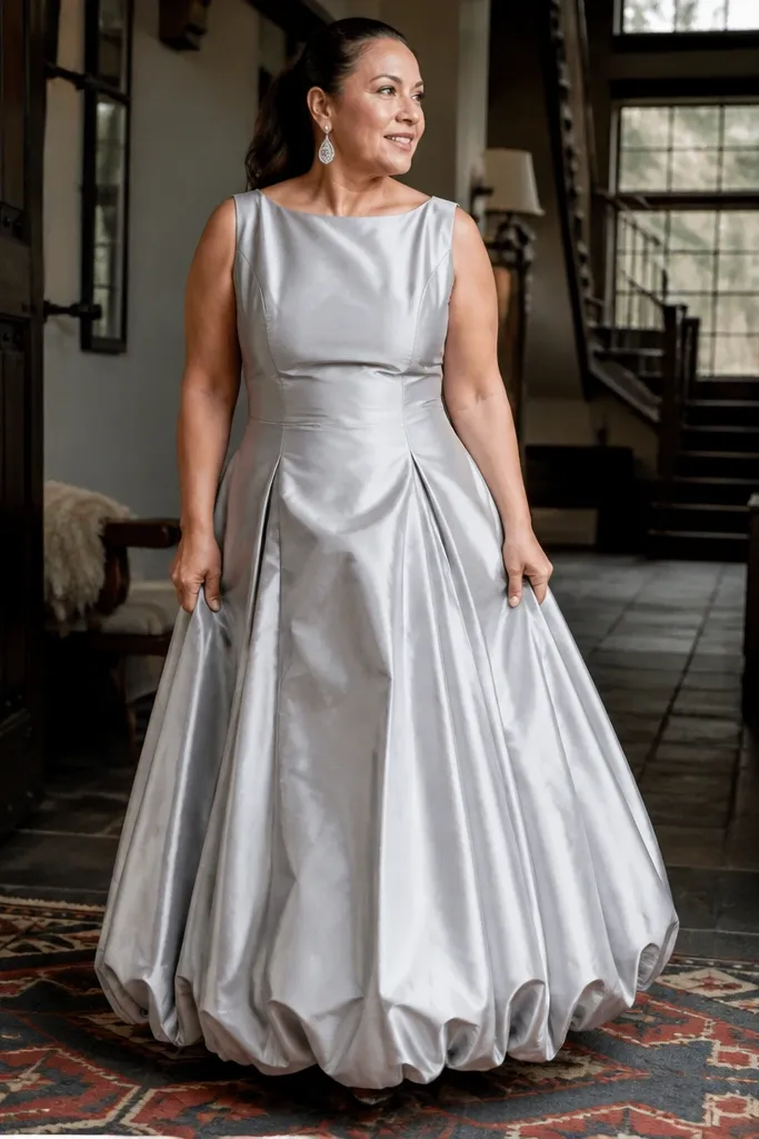 Silver-grey taffeta gown with a bubble hem and simple bodice