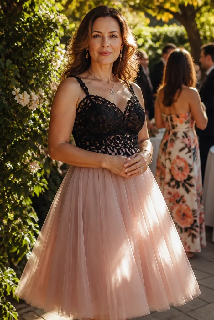 Blush tulle skirt with a black corded lace bodice