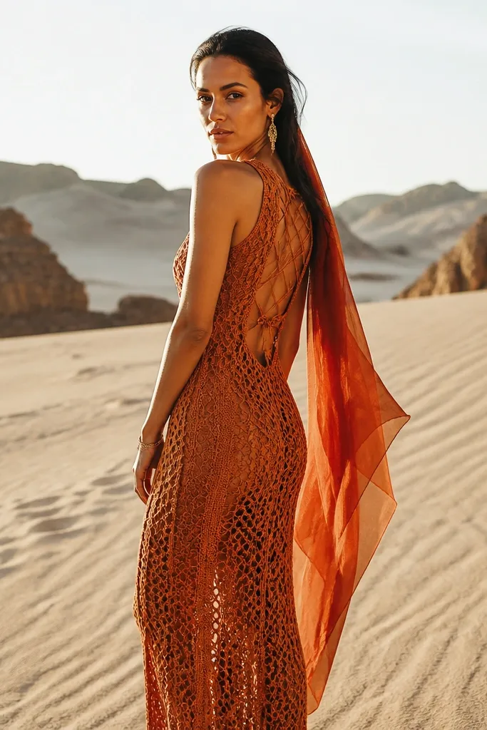 Terracotta crochet wedding dress with an open back and sheer veil